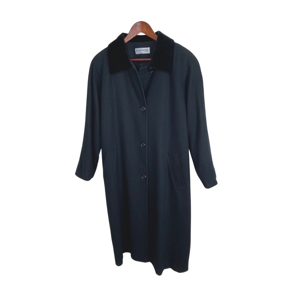 Forecaster VTG Womens Black Velvet Collar Classic Trench Coat Sz 14 100% Wool